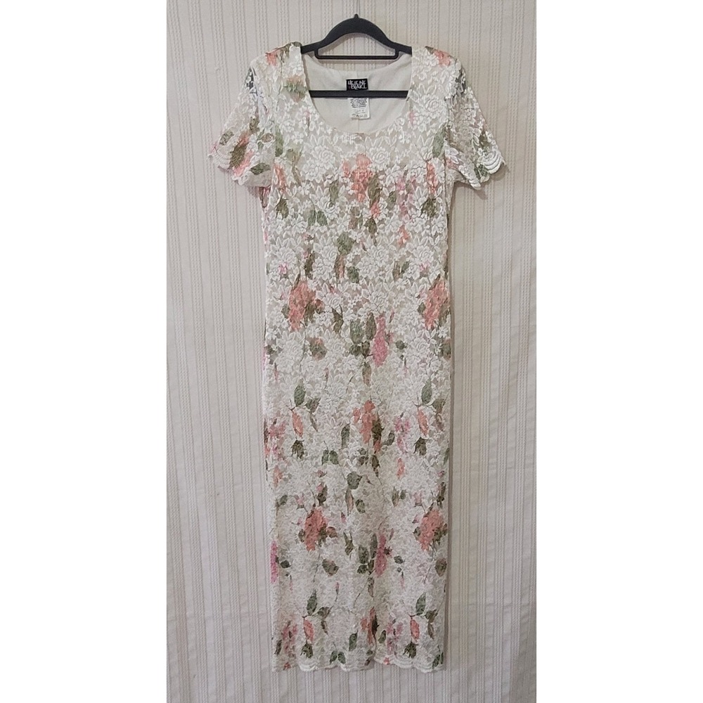 Vintage Helene Blake Floral Lace Maxi Dress 12‎ Pink White Floral Short Sleeve